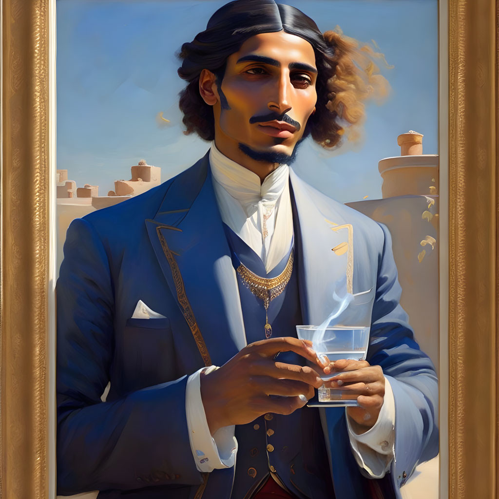 Stylish man in blue jacket and cravat with glass against golden backdrop