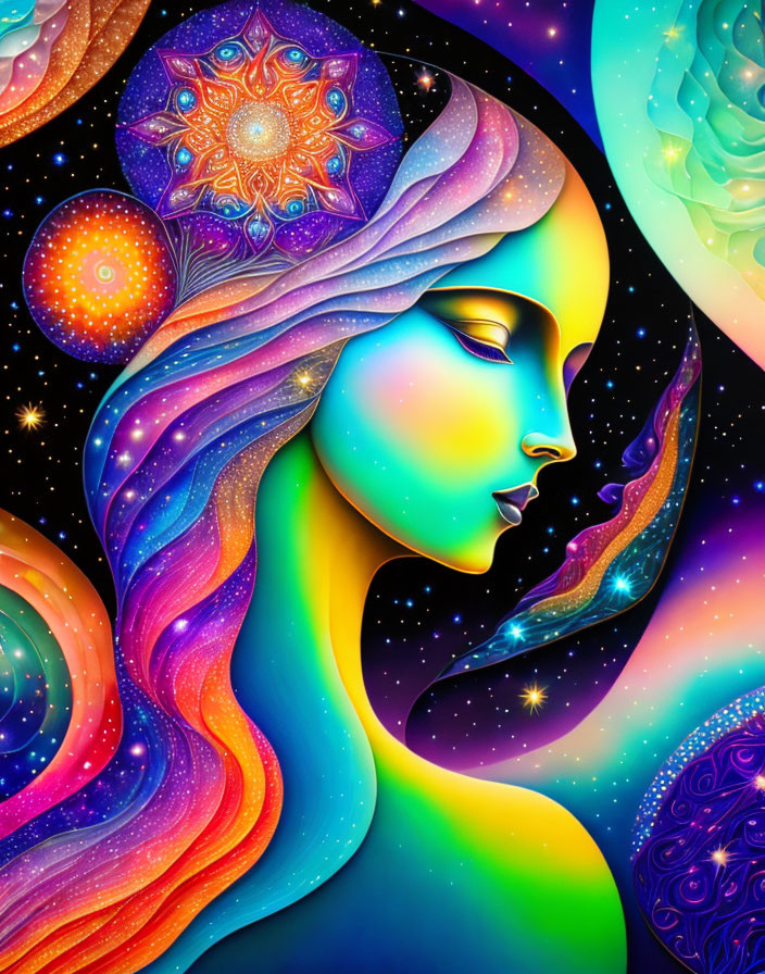 Colorful cosmic illustration of woman with flowing hair in star-filled space