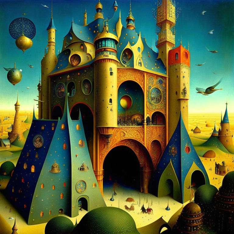 Surreal golden castle painting with floating orbs and whimsical elements