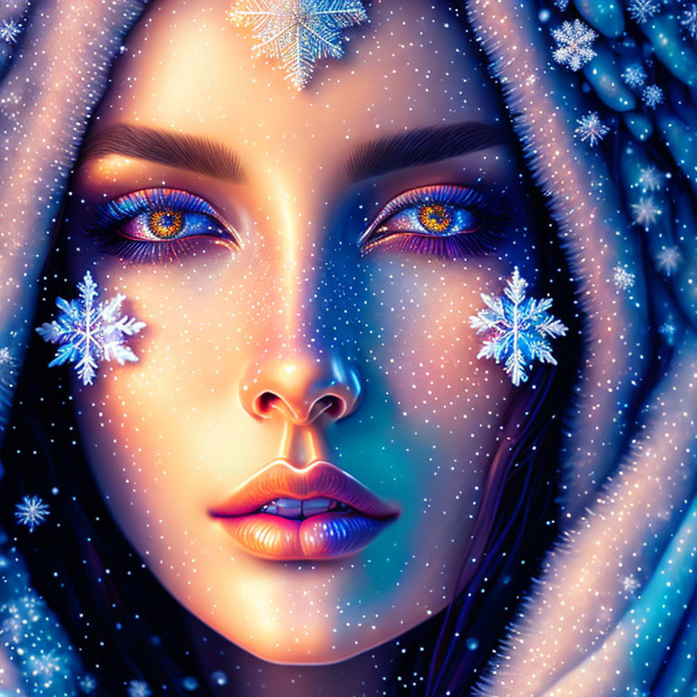 Digital portrait of woman with blue eyes, snowflakes, hood, and wintry backdrop.