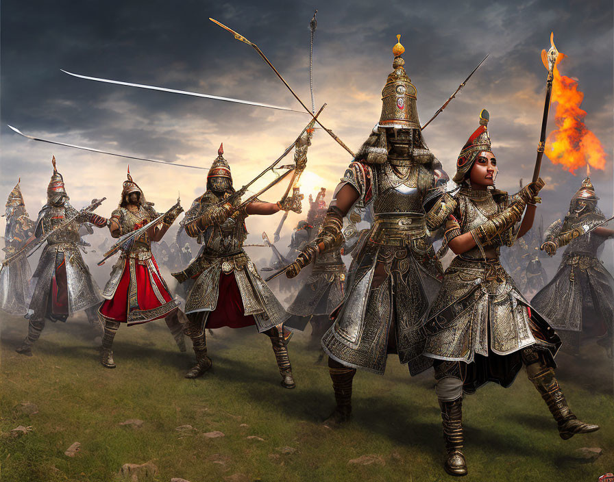 Warriors in Ornate Armor with Bows, Swords, and Flaming Arrow in Dramatic Sky