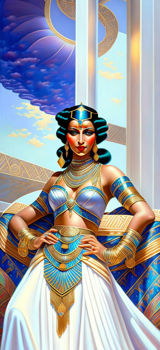 Egyptian Queen in Traditional Attire with Elaborate Headdress and Jewelry