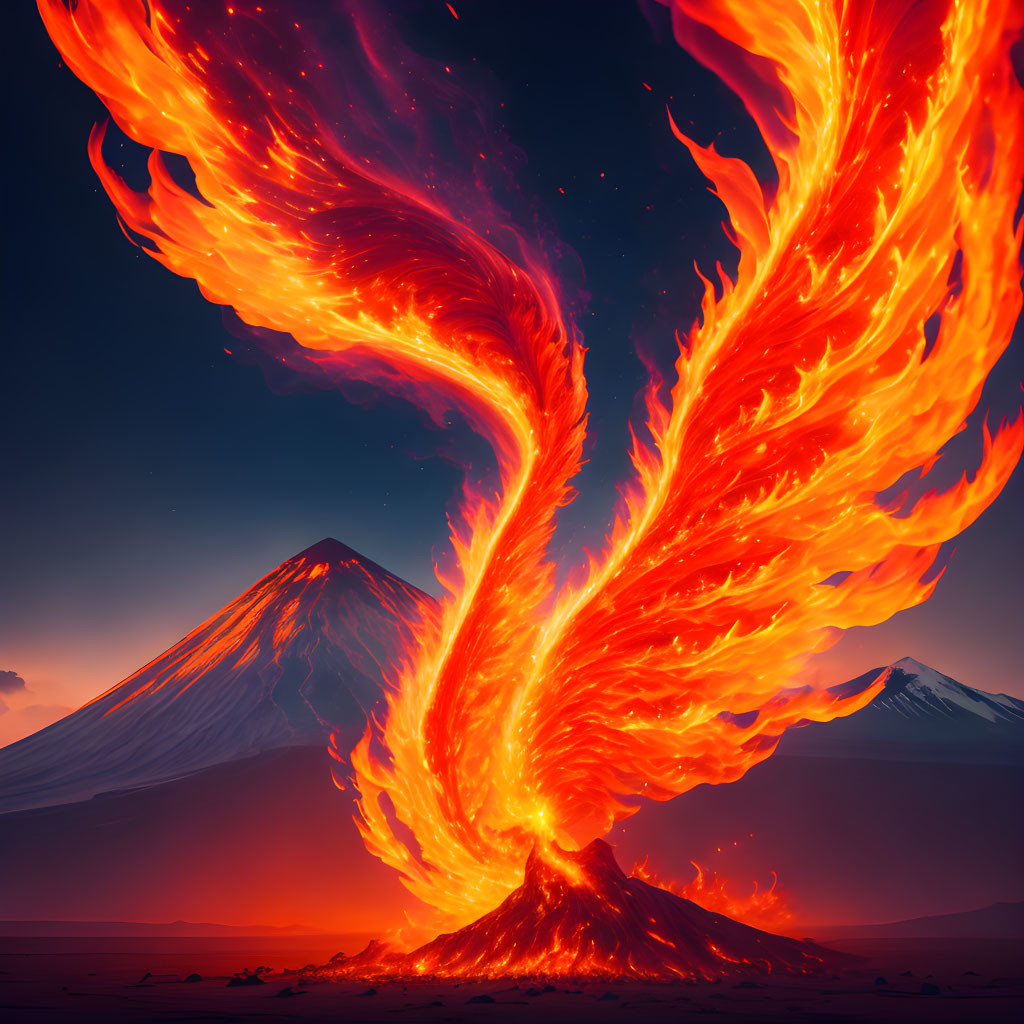 Colorful digital artwork: Phoenix rising in fiery swirls over mountains at dusk
