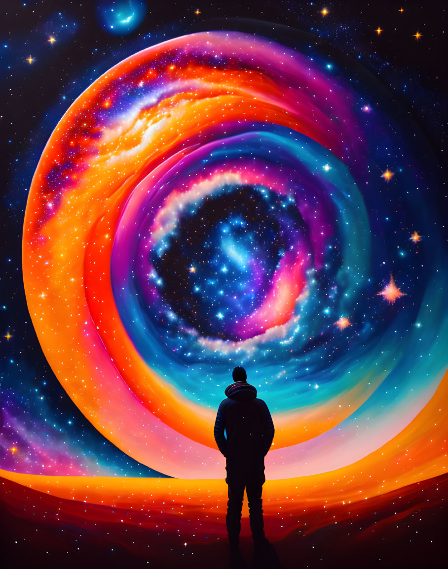 Silhouette person against vibrant cosmic backdrop with swirling colors.