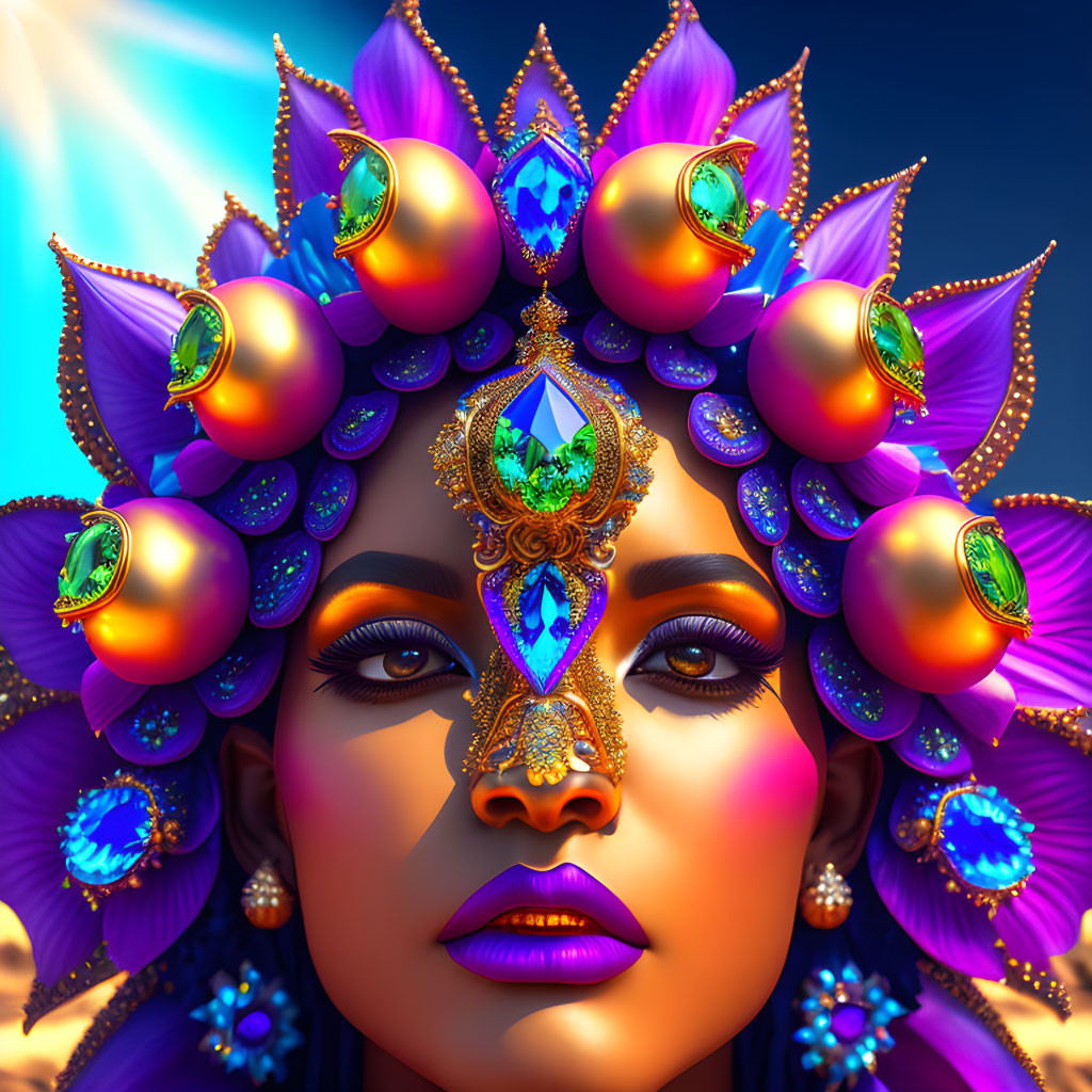 Colorful portrait of woman with golden headgear and jewel accents in blue and purple.