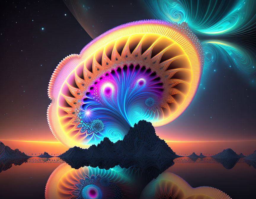 Colorful fractal art over serene landscape with starry sky