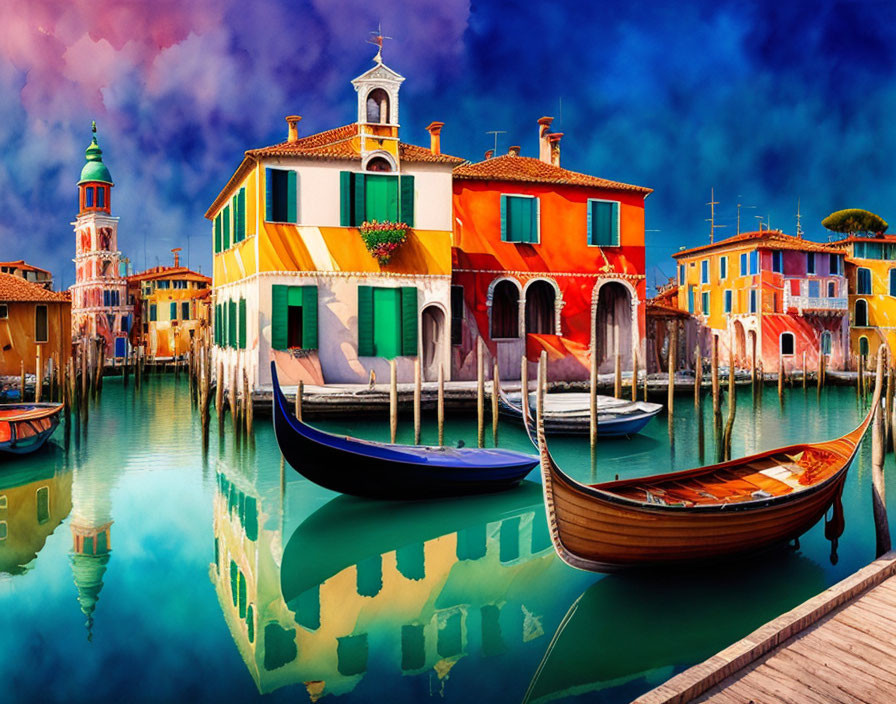 Colorful Houses Along Calm Canal with Gondolas in Venetian Setting