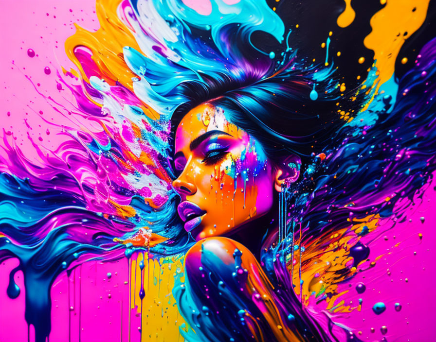 Colorful digital artwork: Woman's profile with dynamic paint splashes