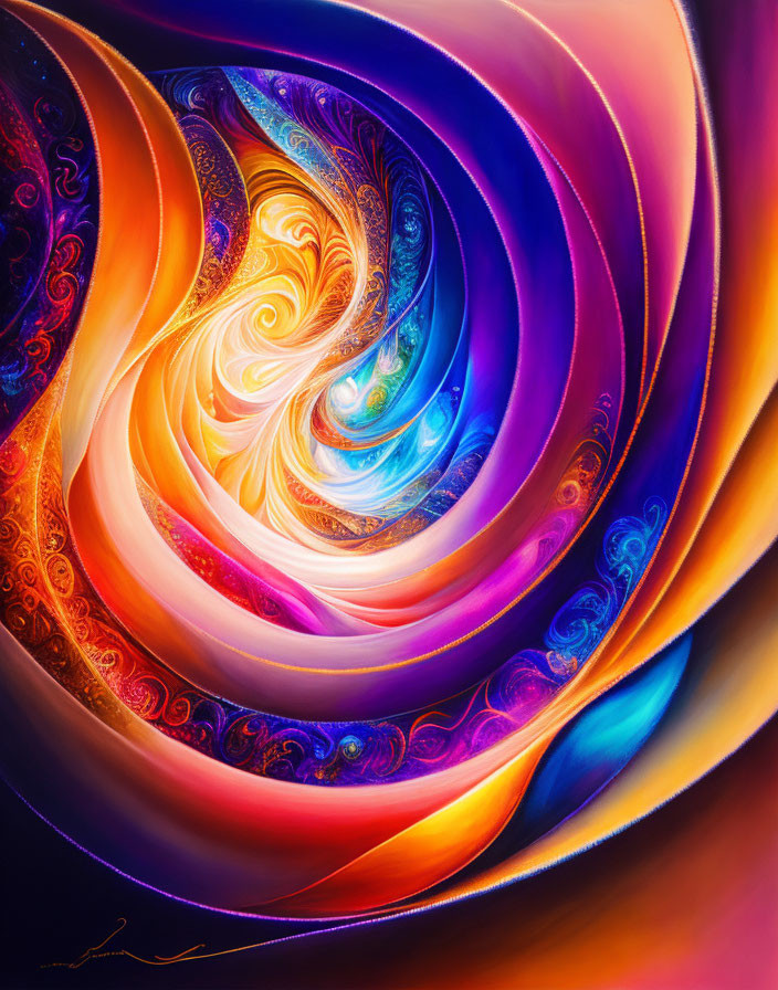 Colorful Abstract Painting with Swirling Spiral Effect in Purple, Blue, Orange, and Gold