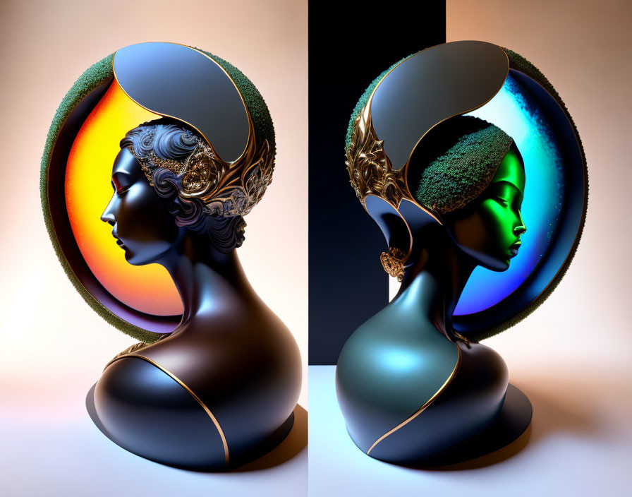 Stylized 3D busts of a woman with ornate headdresses on dual-toned