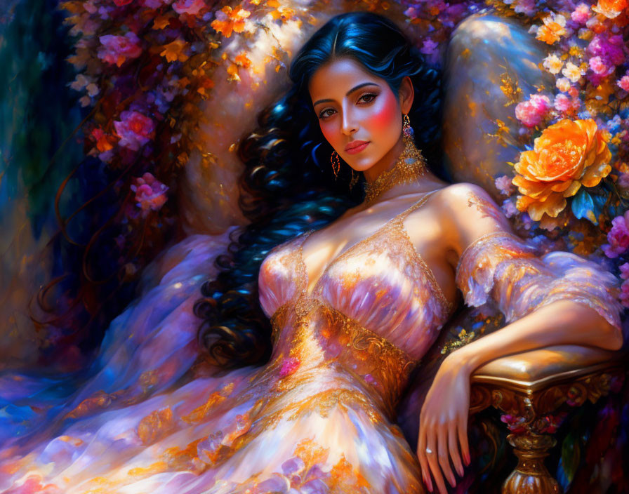 Woman reclining in golden gown amidst vibrant flowers and rich textures