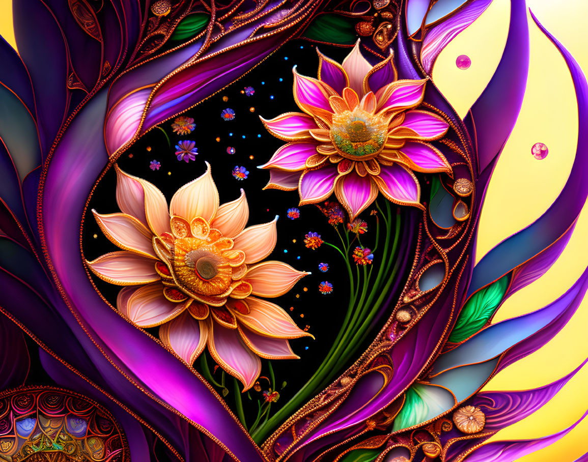 Colorful digital art: Pink and orange flowers with swirling purple and golden patterns on a dark, star