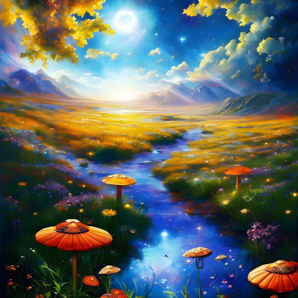 Fantasy landscape with starry sky, sunset, glowing river, colorful flowers, giant mushrooms.