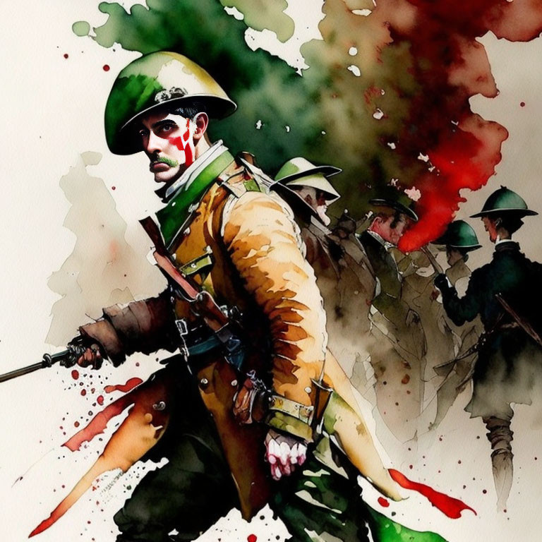 Soldiers in old military uniforms amidst explosion of red and green in watercolor.