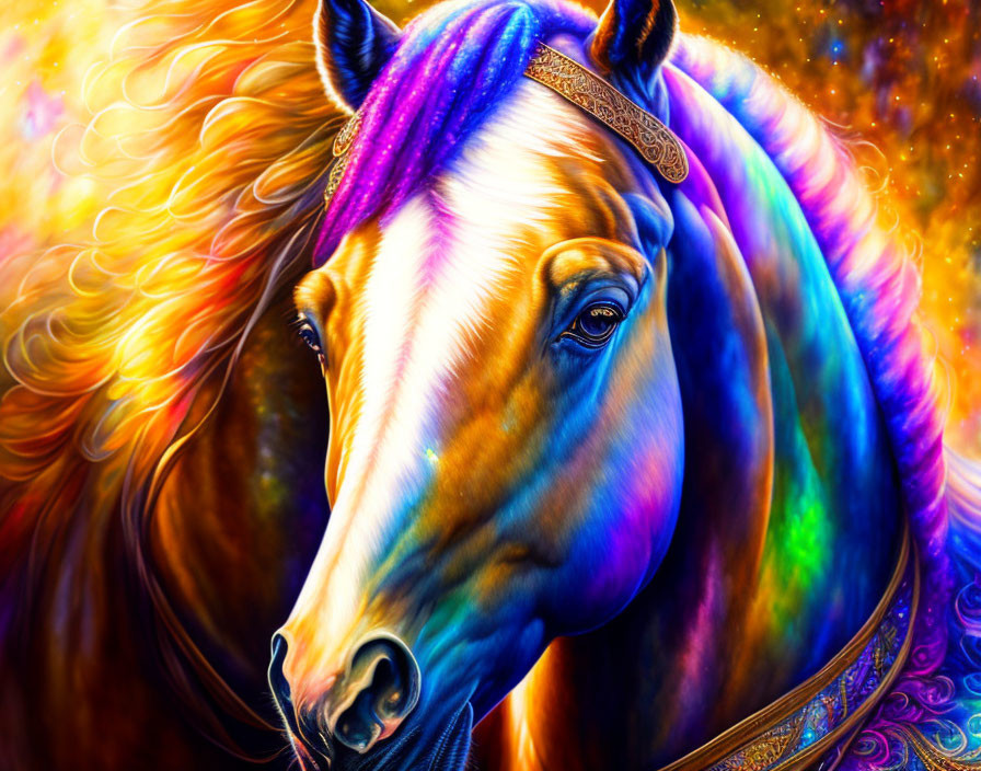 Colorful Psychedelic Horse Portrait with Blue, Purple, and Orange Palette