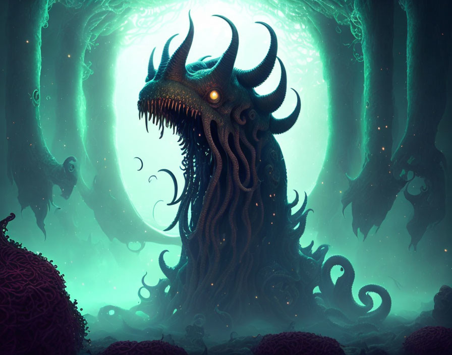 Mystical forest scene with eerie tentacled creature