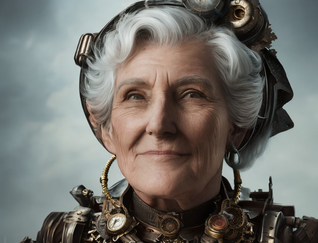 Elderly woman in steampunk attire with white hair and goggles smiling gently