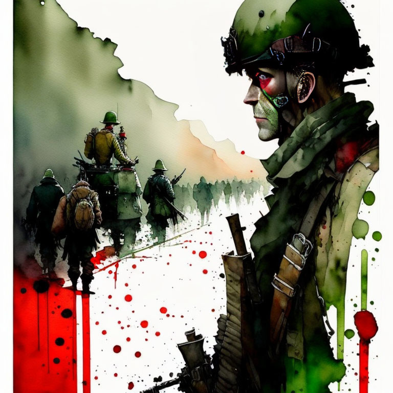 Soldier with face paint and helmet in watercolor illustration