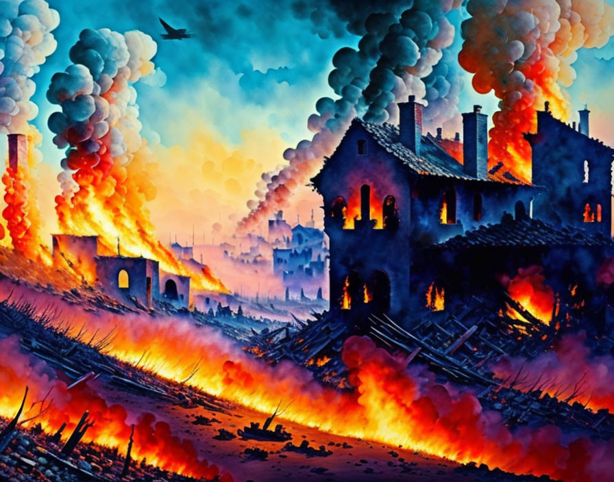Fiery battlefield scene with burning buildings and warplane overhead
