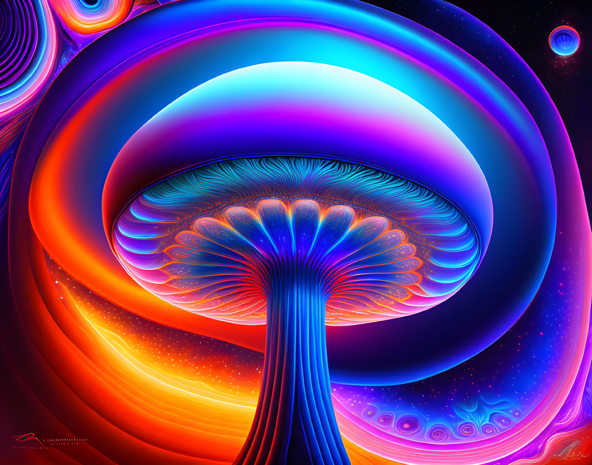 Colorful digital artwork of luminous tree structure under cosmic sky