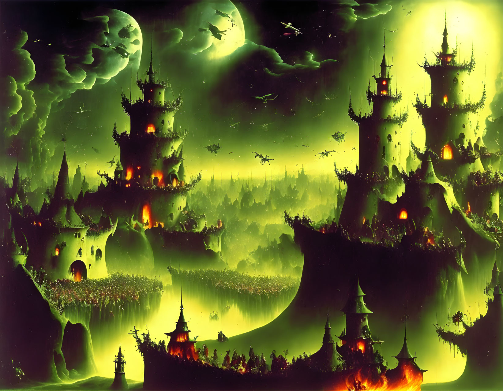 Fantastical green landscape with spired castles, floating islands, and dragons at night