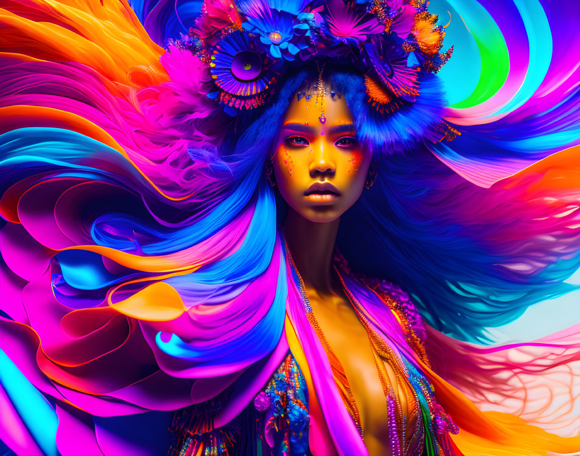 Colorful digital art of woman with flowing hair and feathers in vivid headdress on rainbow background