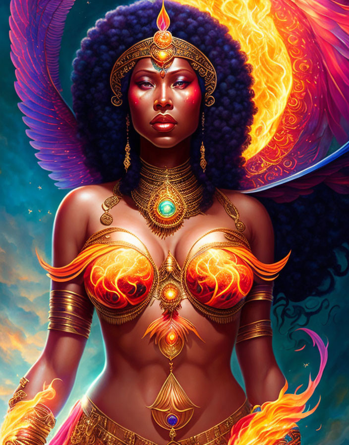 Regal dark-skinned woman in golden jewelry against fiery background