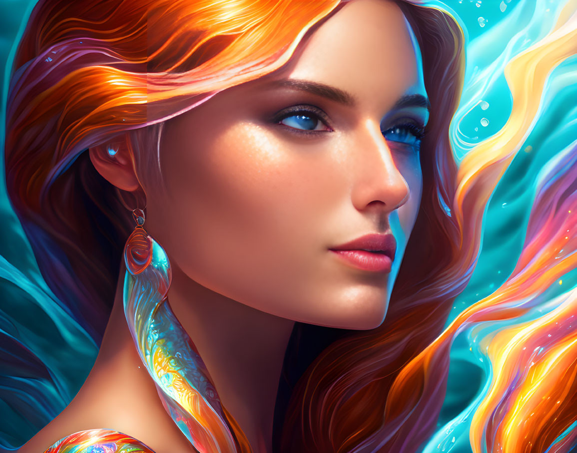 Vibrant digital portrait: woman with fiery orange hair on swirling blue background