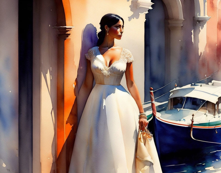 Woman in cream gown overlooking harbor with boat in sunlit scene