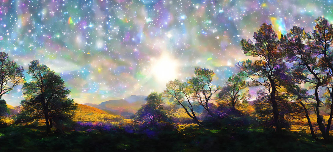 Colorful Starry Sky Landscape with Scattered Trees
