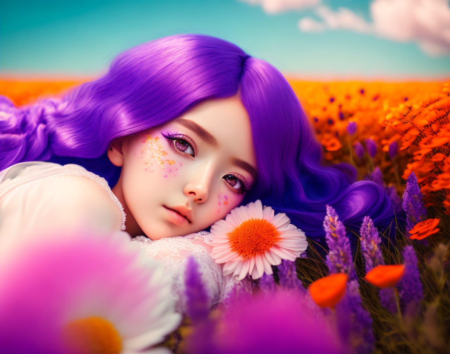 Character with Purple Hair in Orange Flower Field Illustration