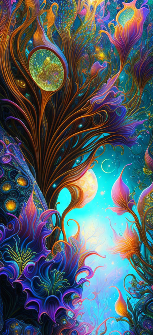 Colorful psychedelic tree art with swirling branches and luminous foliage on celestial backdrop.
