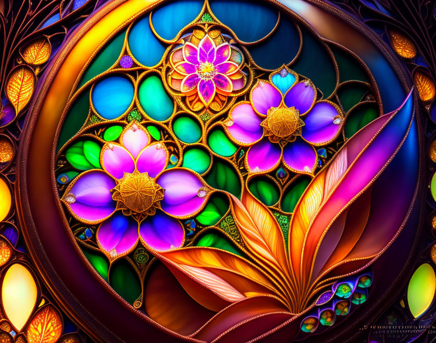 Colorful Stylized Flower Art: Glowing Stained Glass Effects