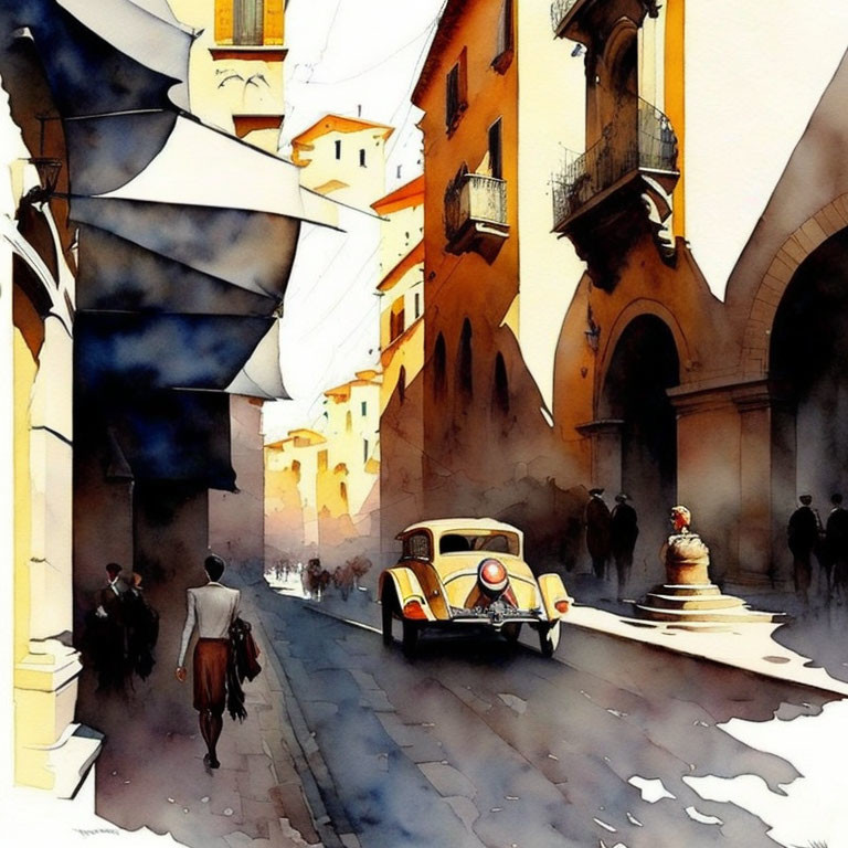 Vintage Car and Pedestrians in Quaint Watercolor Street Scene