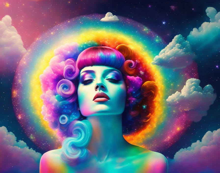 Vibrant digital artwork of woman with swirling hair in cosmic background