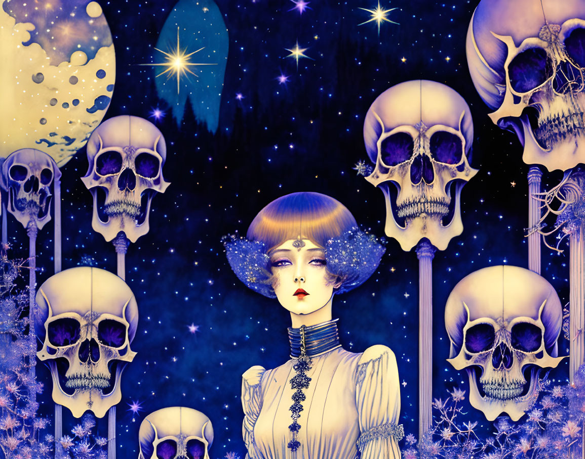 Illustrated gothic scene with woman, skulls, cosmic background