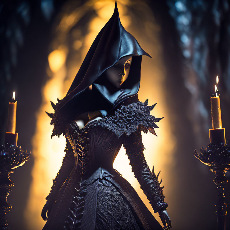 Mysterious figure in gothic dress flanked by candles in eerie forest