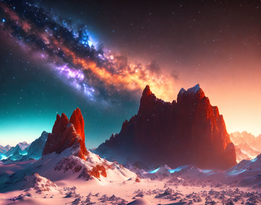 Majestic mountain range under starry sky with vibrant nebula in snow-covered landscape at dusk