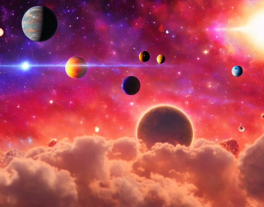 Colorful cosmic scene with planets, moons, and nebula against fluffy clouds