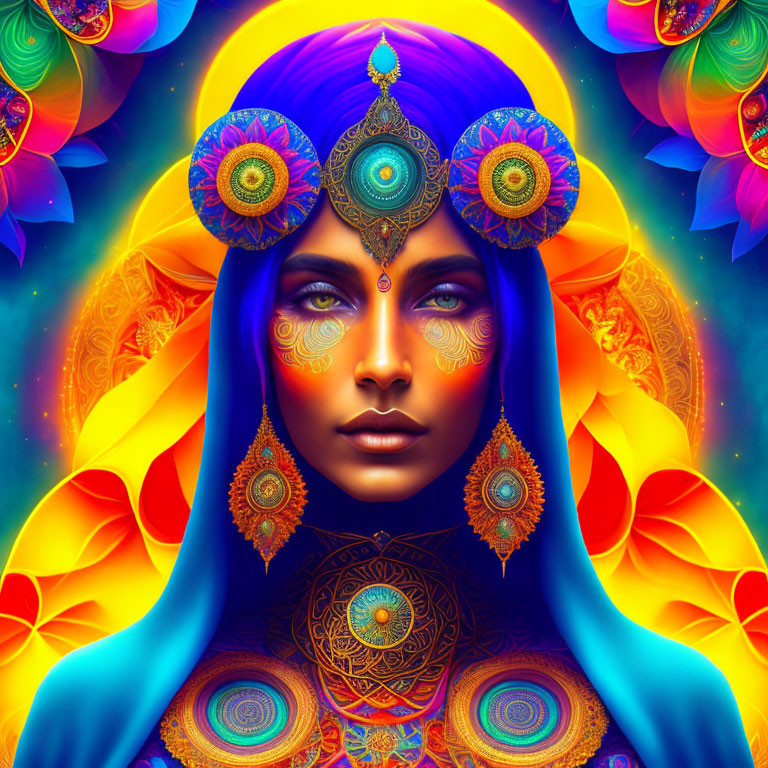 Colorful digital artwork: Woman with blue skin, ornate headdress, and jewelry on patterned