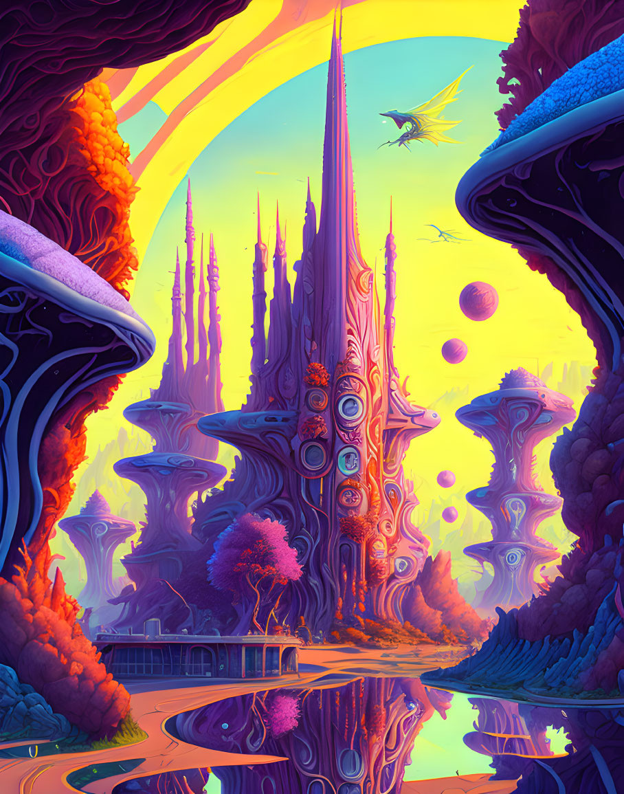 Colorful alien landscape with fantastical structures, planets, and dragon-like creature in vibrant setting.