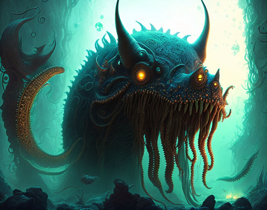 Fantastical sea creature with horns and glowing eyes in mysterious underwater scene