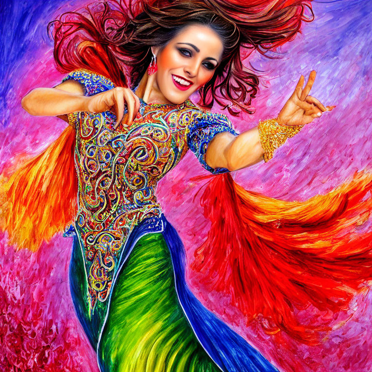 Vibrant painting of a smiling woman dancing with flowing dress and red hair