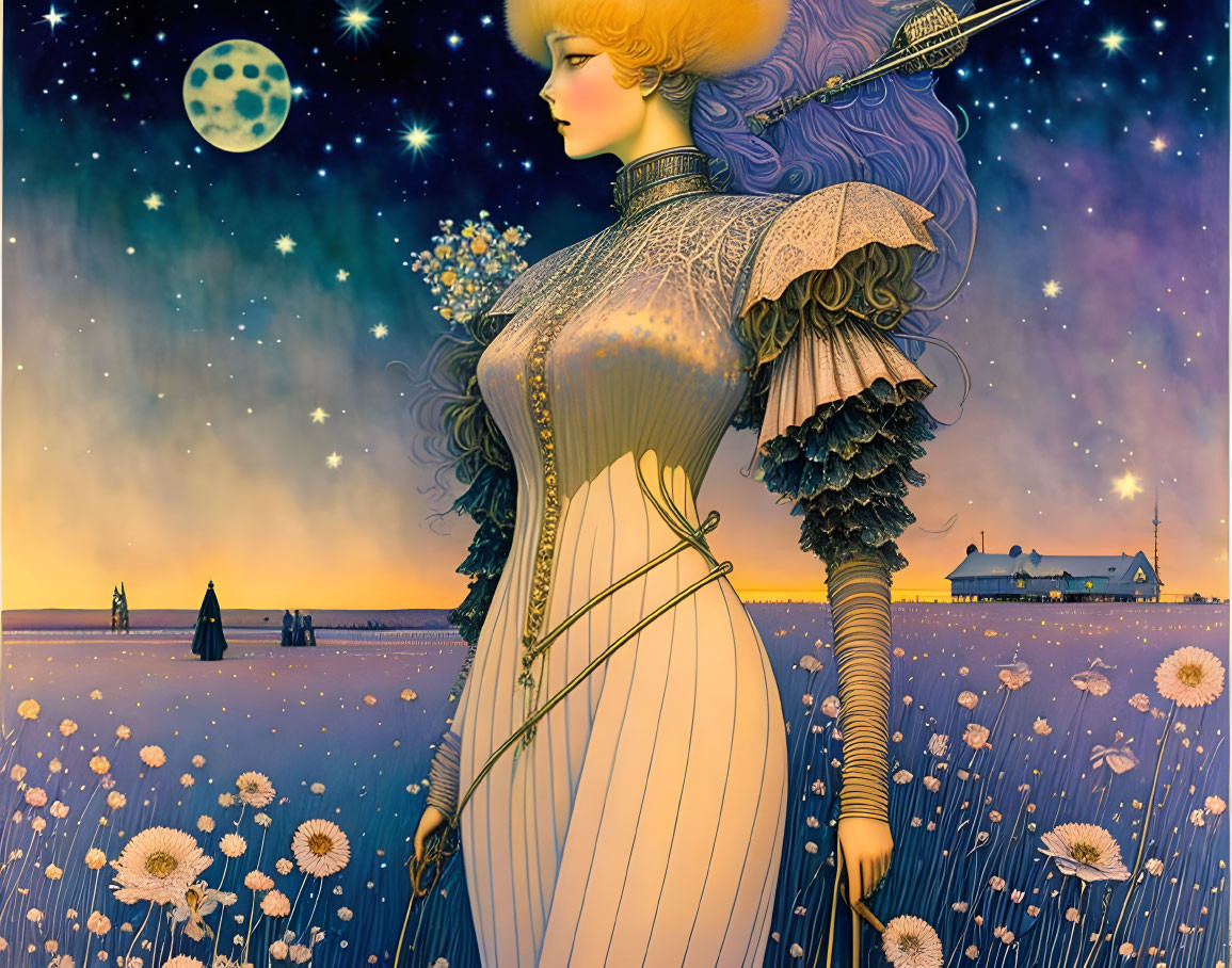 Stylized illustration of woman with blue hair in corseted dress under starry sky