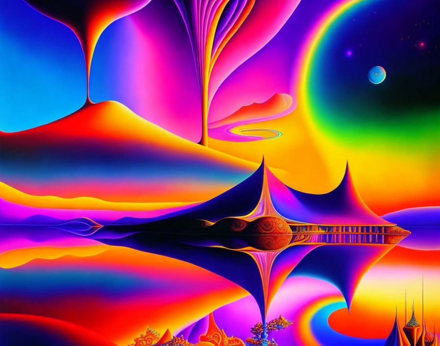 Colorful Psychedelic Landscape with Sail-like Structures and Planets