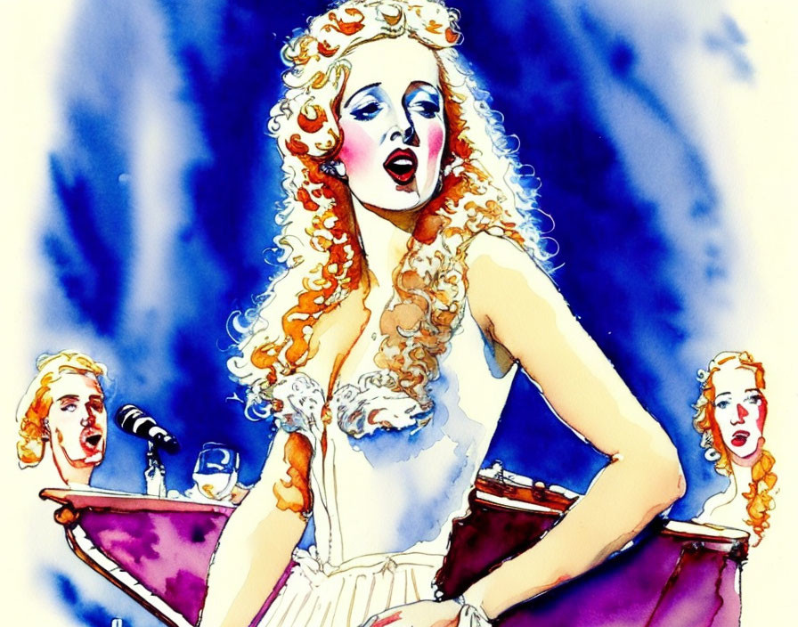 Colorful Watercolor Illustration: Woman with Curly Blond Hair Singing into Microphone