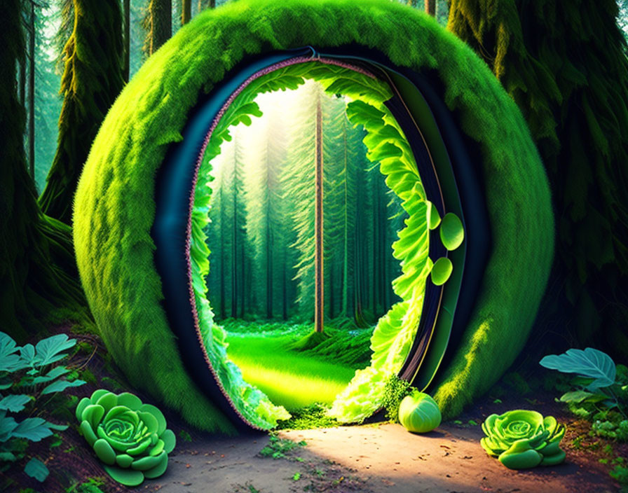 Circular Portal Revealing Lush Green Forest and Vibrant Foliage