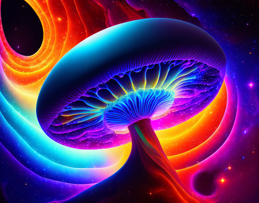 Neon-colored mushroom in cosmic digital artwork