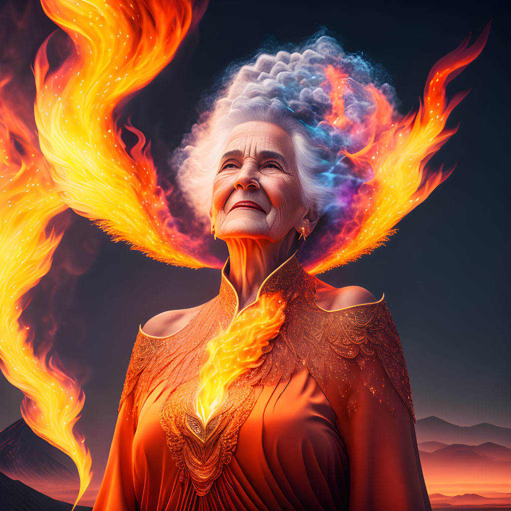 Elderly woman with white hair surrounded by vibrant flames and colorful smoke.