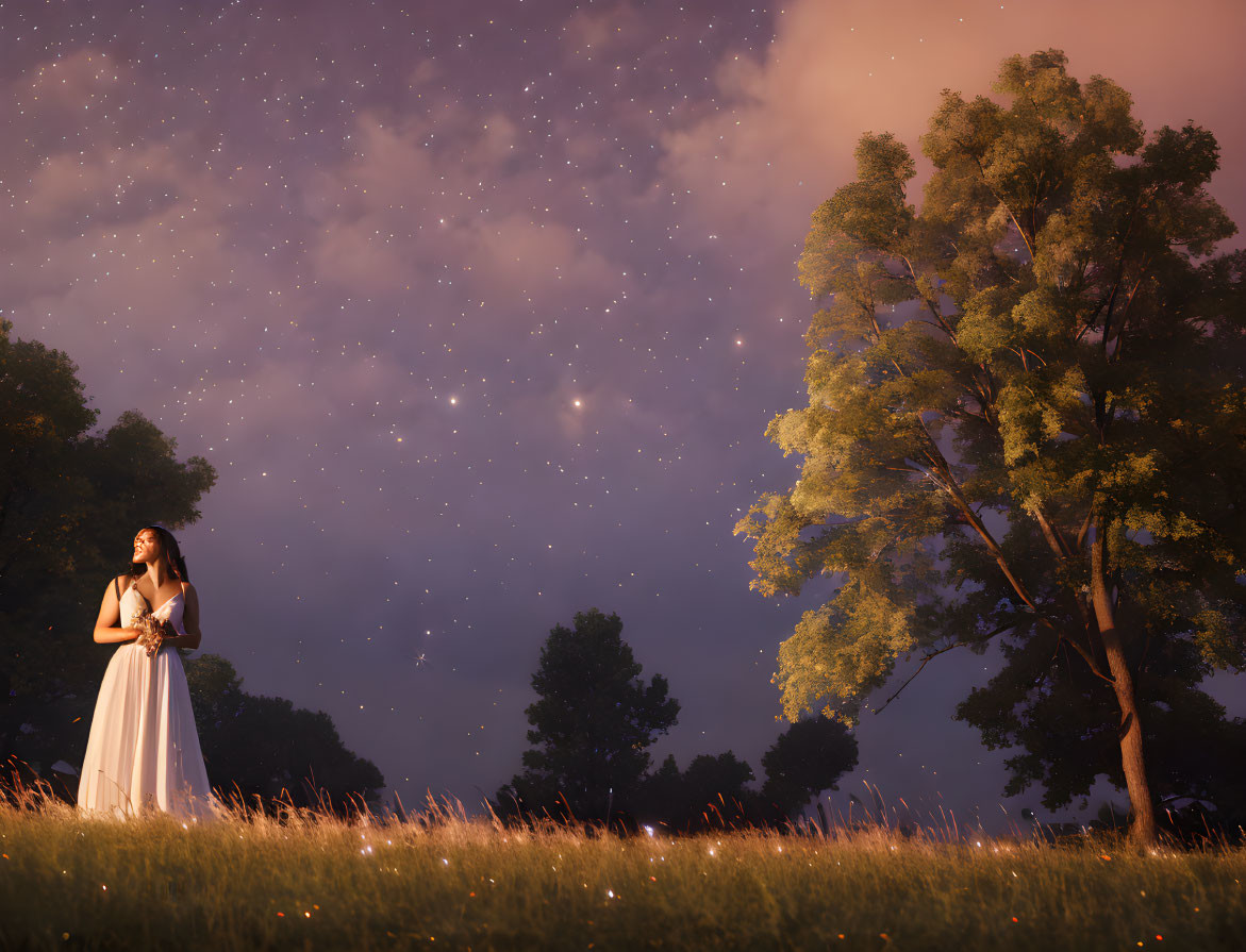 Woman in white dress under starry night sky with trees and fireflies